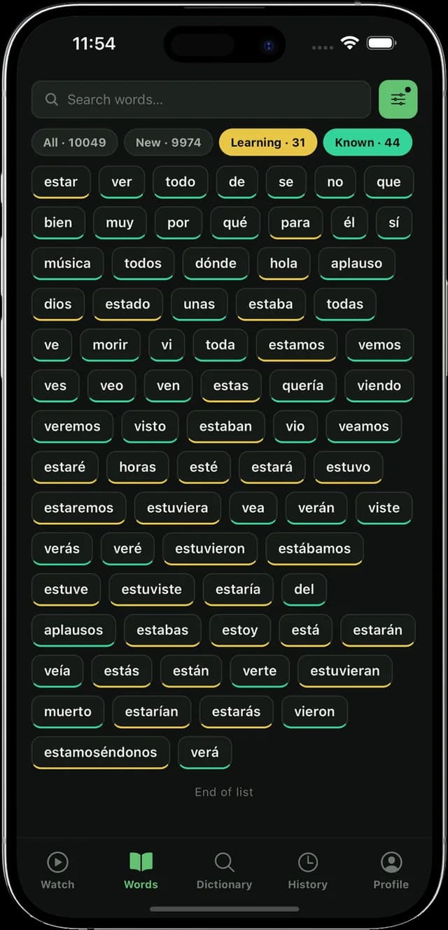 LingoLens on iPhone: the word bank, with each word colored by whether it is new, being learned, or known